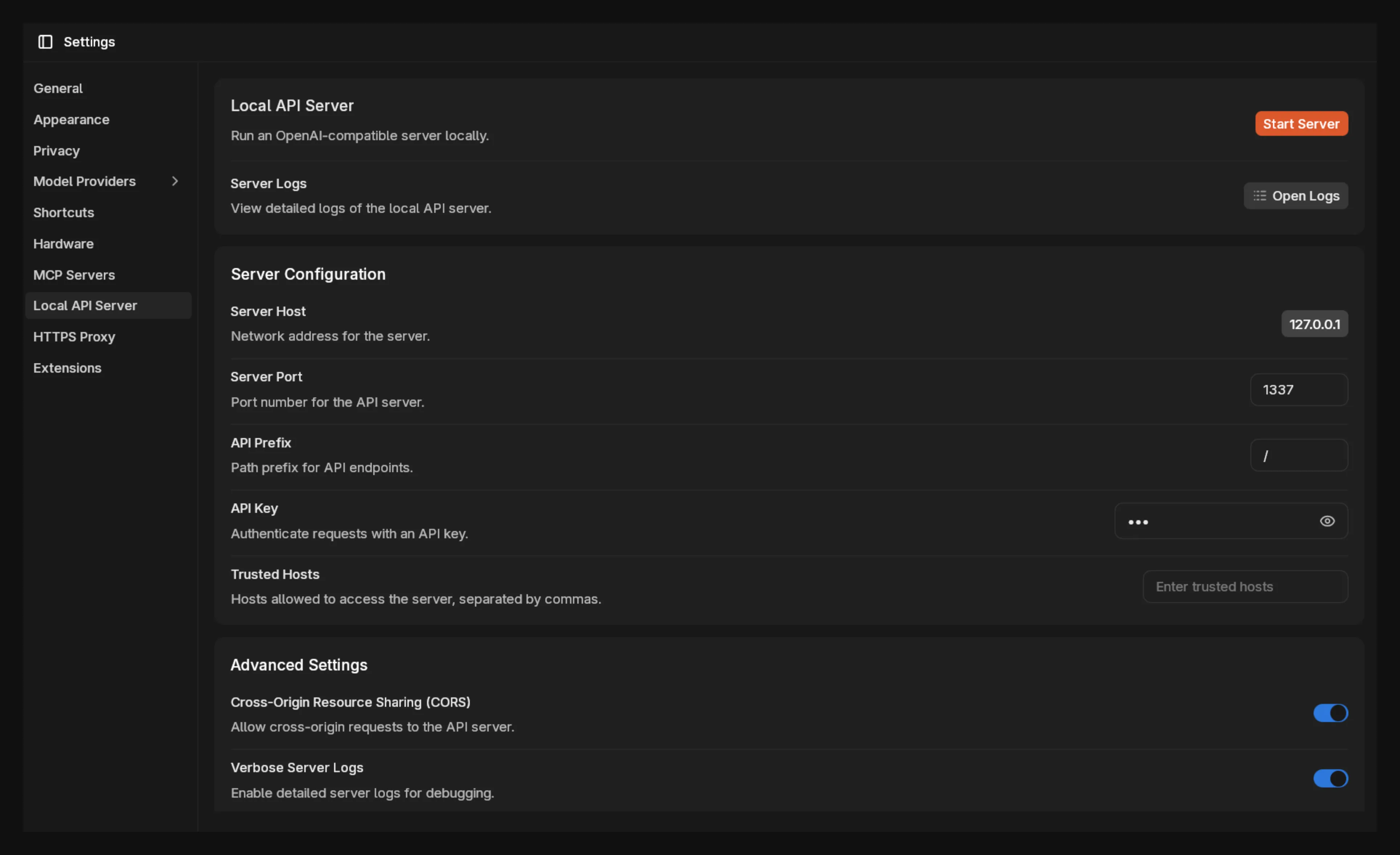 Jan's Local API Server Settings UI