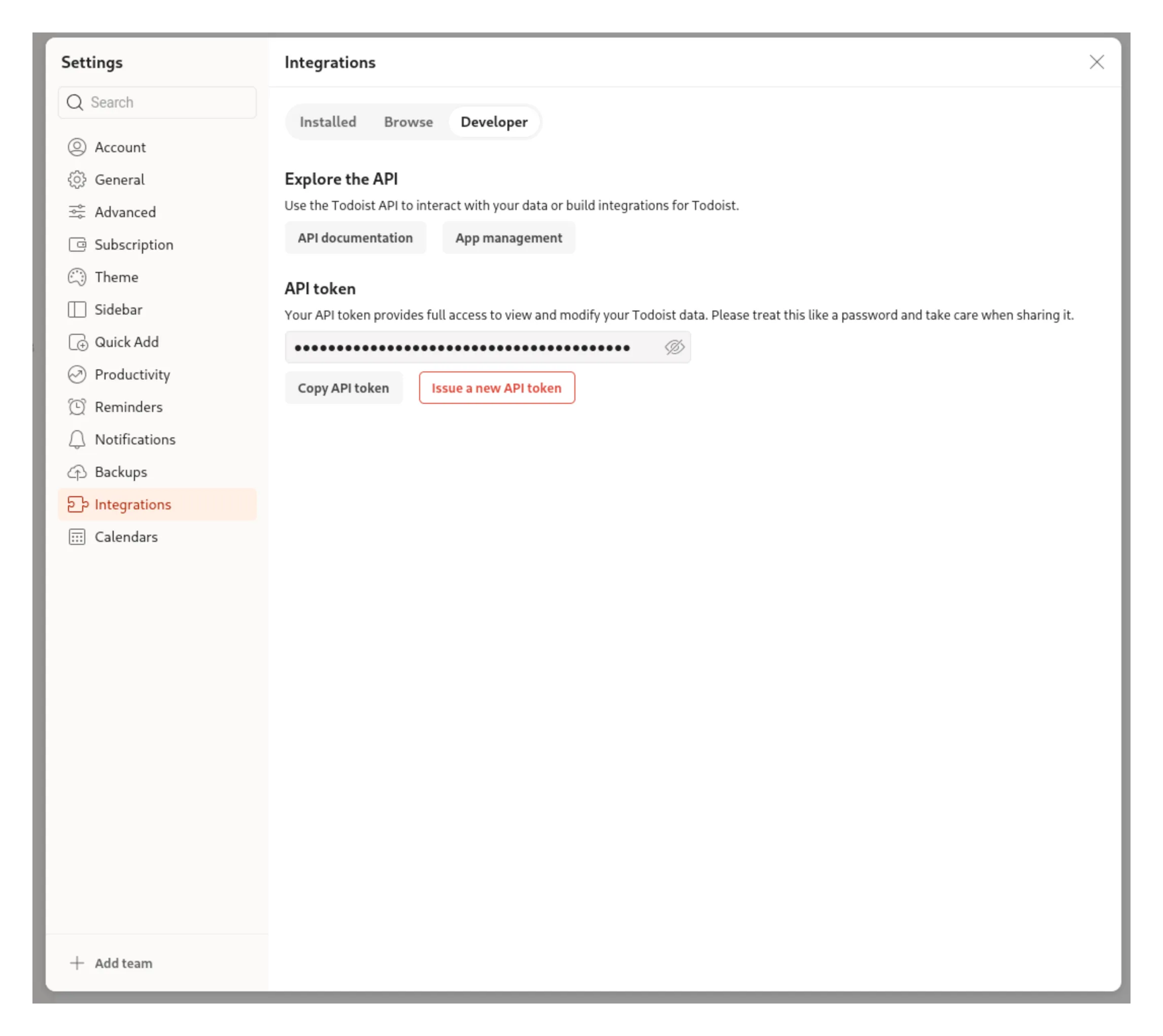 Todoist API token in settings
